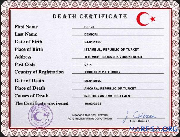 Printable Turkey death certificate PSD template